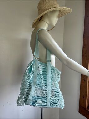 Eco Light Blue 100% cotton Mesh Tote Bag - Casual Beach & Market Shopper